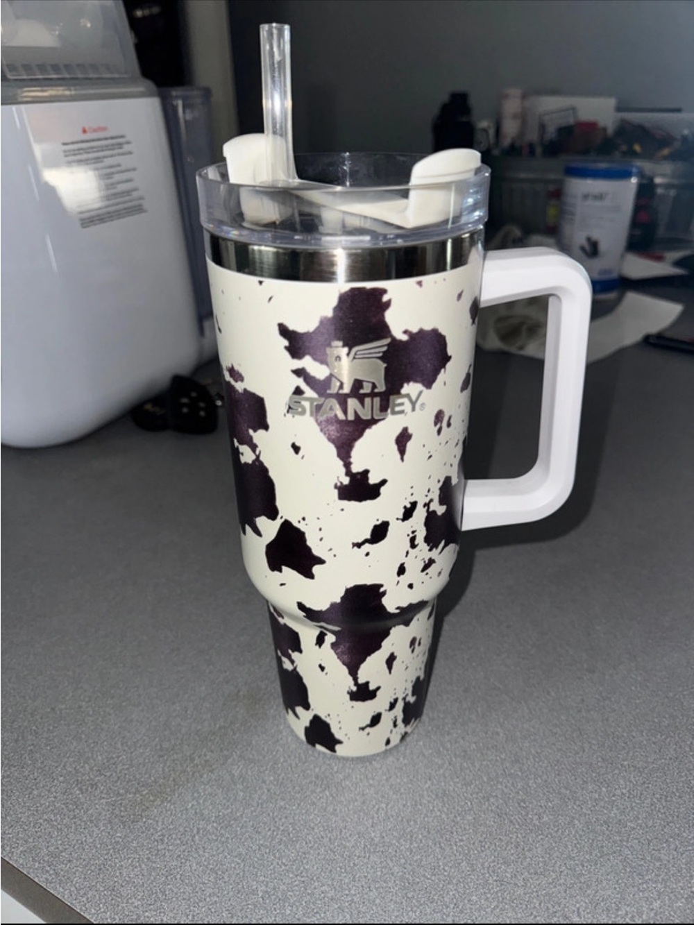 Stanley 40oz White Travel Bottle with Cow Print